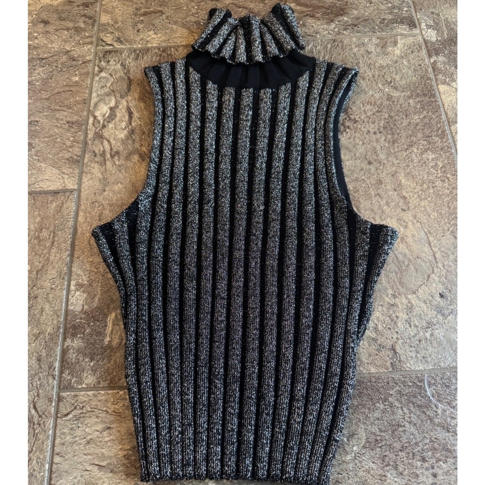 Cinq Sept Black Silver Ribbed Metallic Turtleneck Sleeveless Top‎ XS